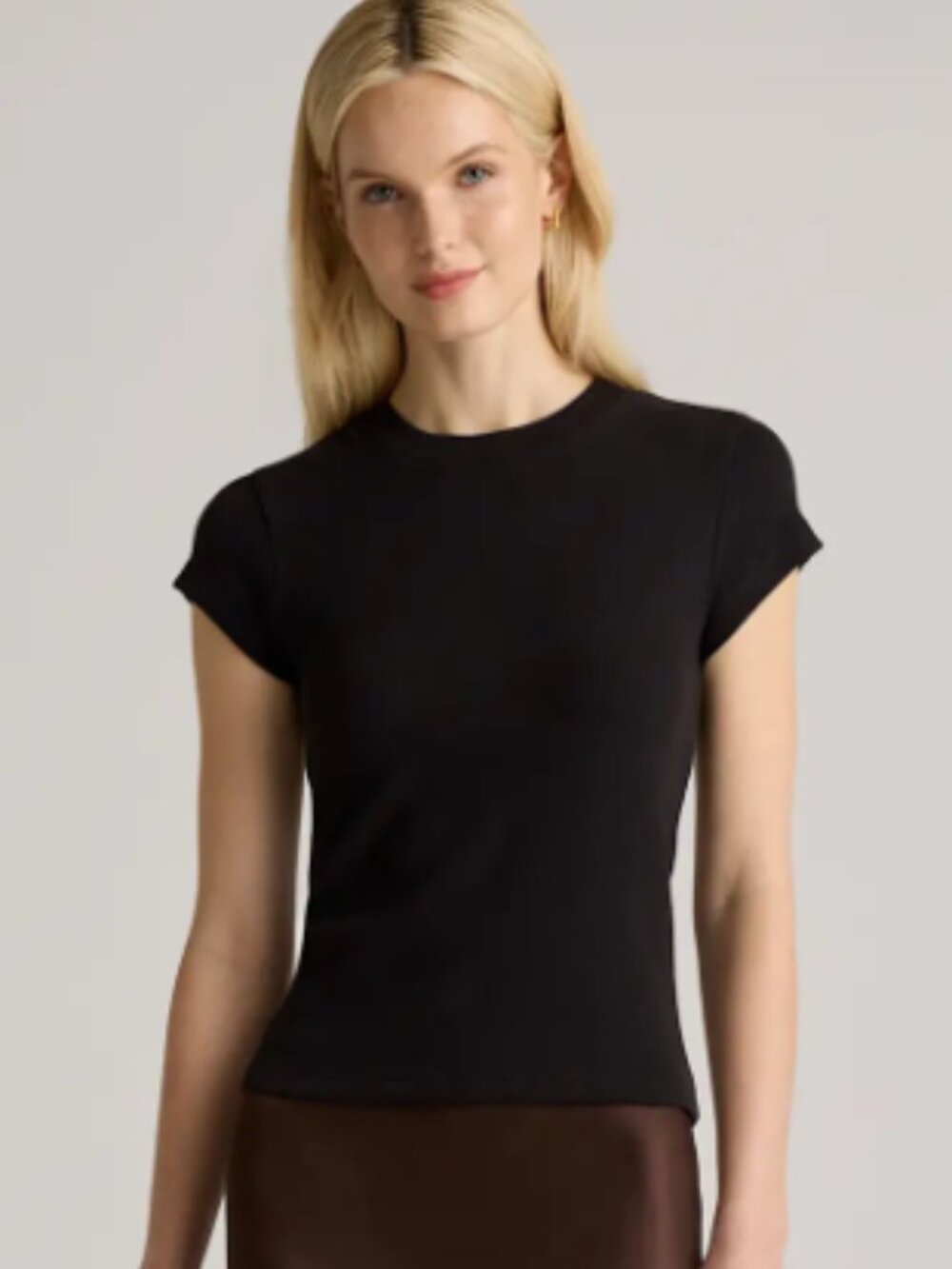Quince Organic Cotton Micro-Rib Crewneck Tee basic stretchy fitted black S‎